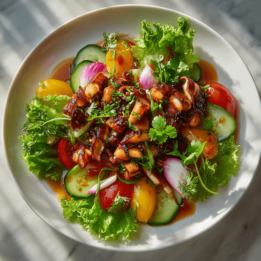 Салат-гриль с кальмарами, овощами и яркой заправкой