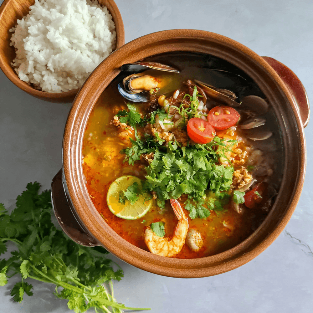 Тайский суп Том ям с морепродуктами и кокосовыми сливками