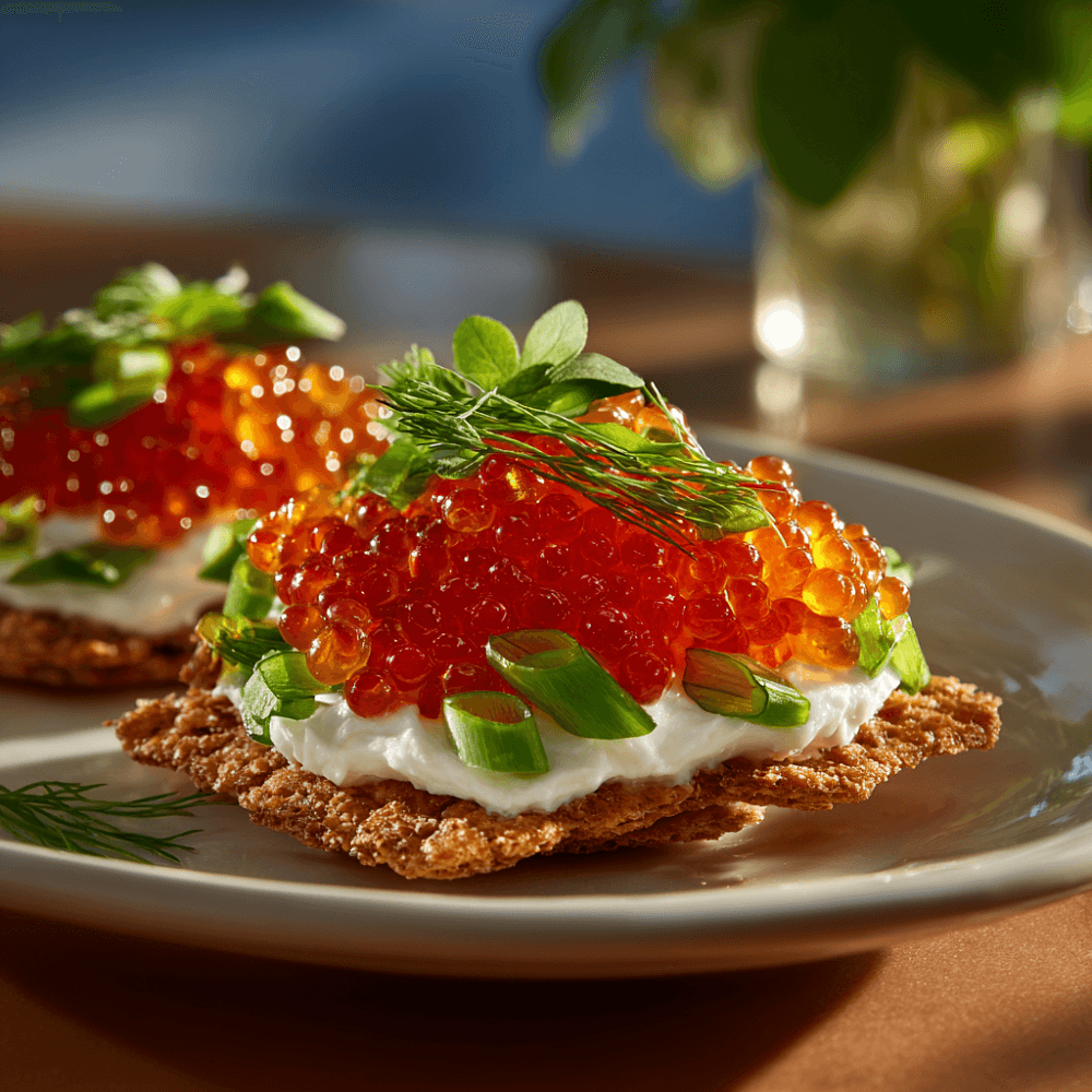 Хрустящие хлебцы с красной икрой, сметаной и сельдереем