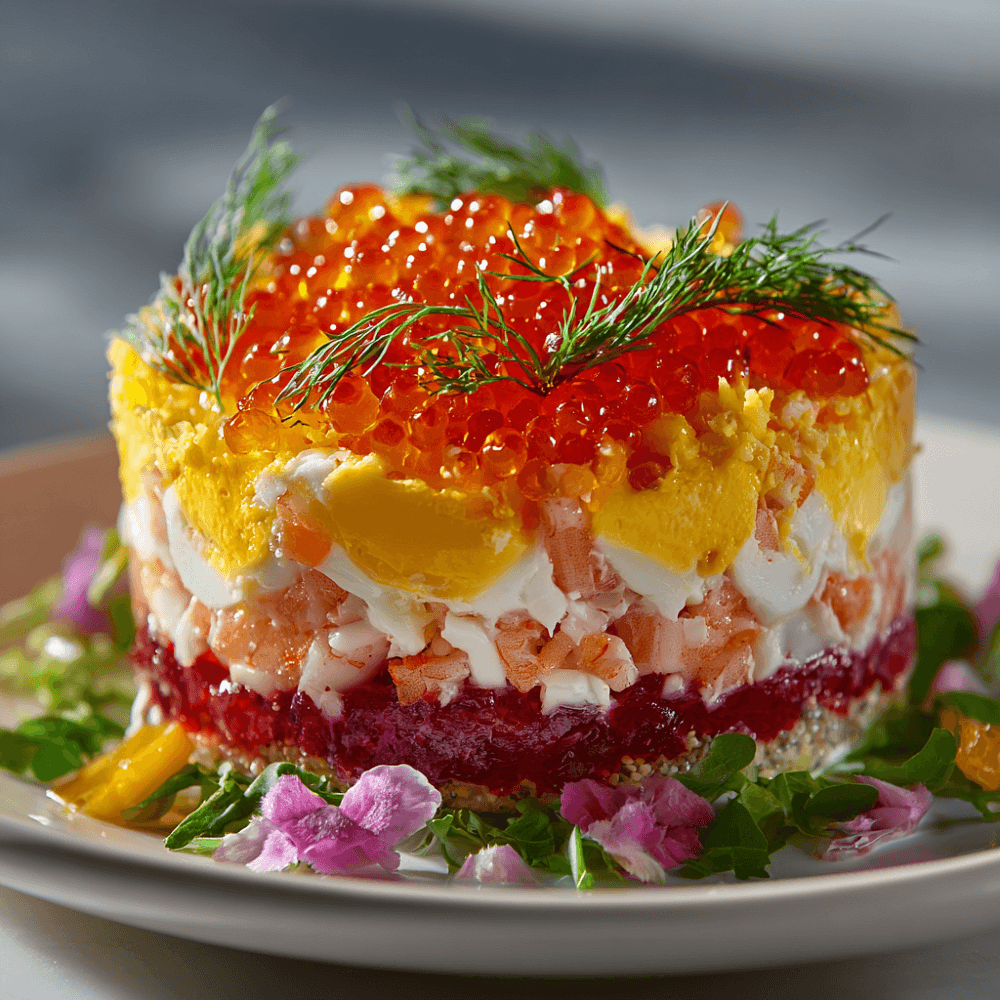 Слоеный салат с морепродуктами и икрой