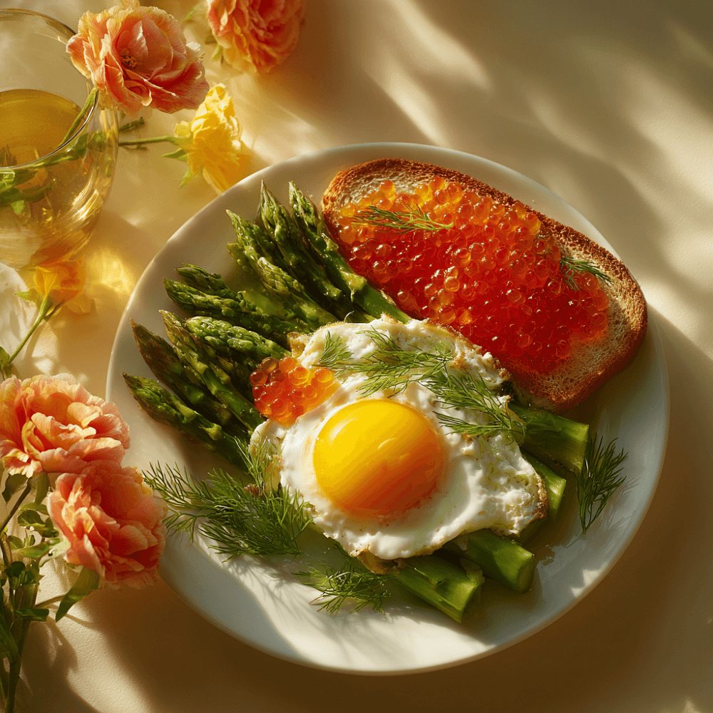 Полезный завтрак с красной икрой и спаржей