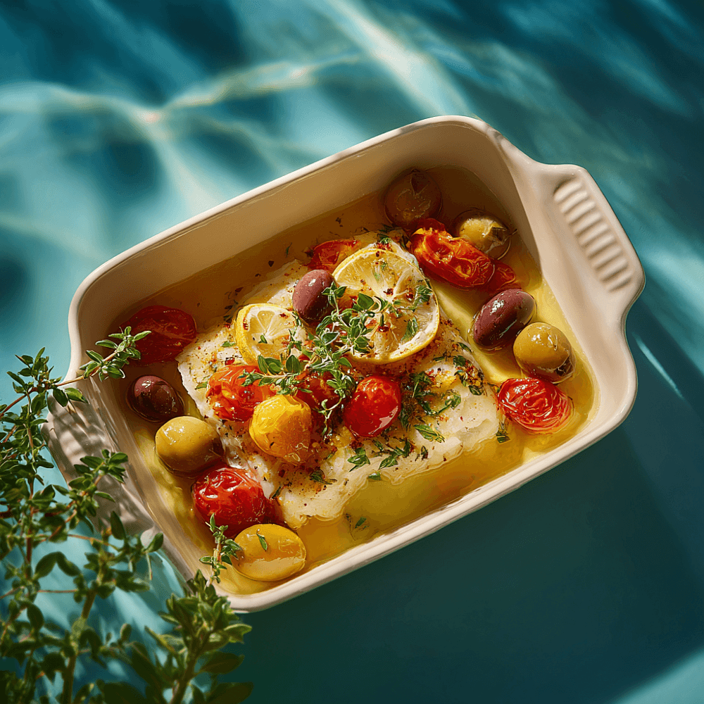 Зубатка запеченная с лимоном, оливками и томатами черри