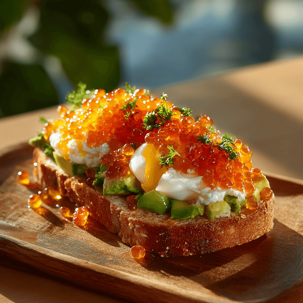 Брускетта с икрой Тобико, авокадо и яйцом пашот