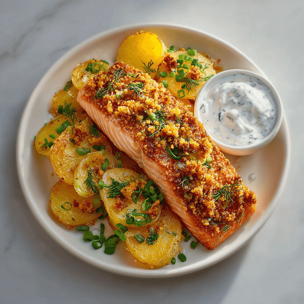 Лосось с горячим салатом из картофеля и йогуртом с хреном
