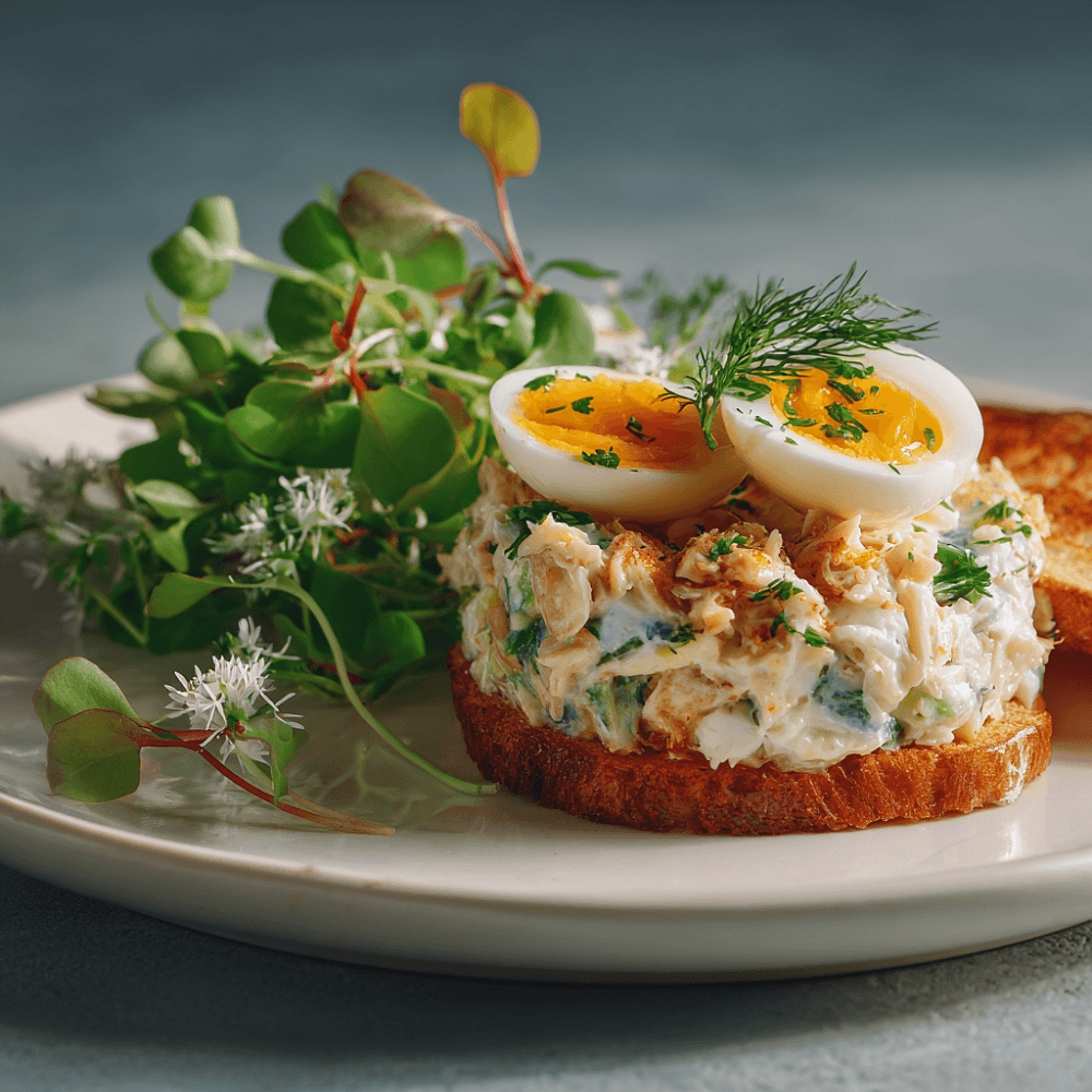 Оливье с крабом, перепелиными яйцами и пшеничными тостами