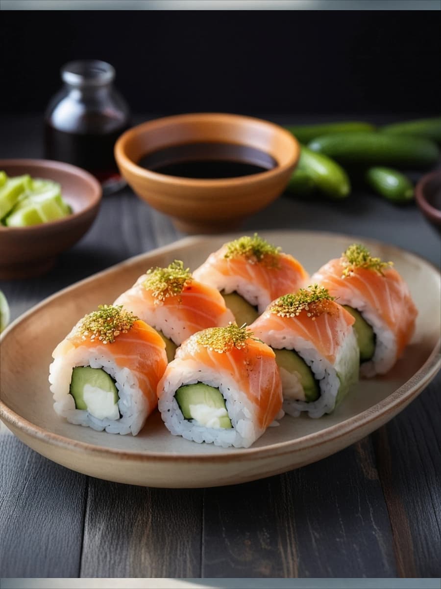 Роллы с лососем, сыром и огурцом