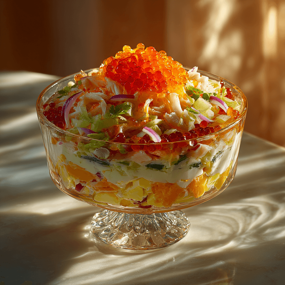 Салат «Царский» с кальмарами и красной икрой