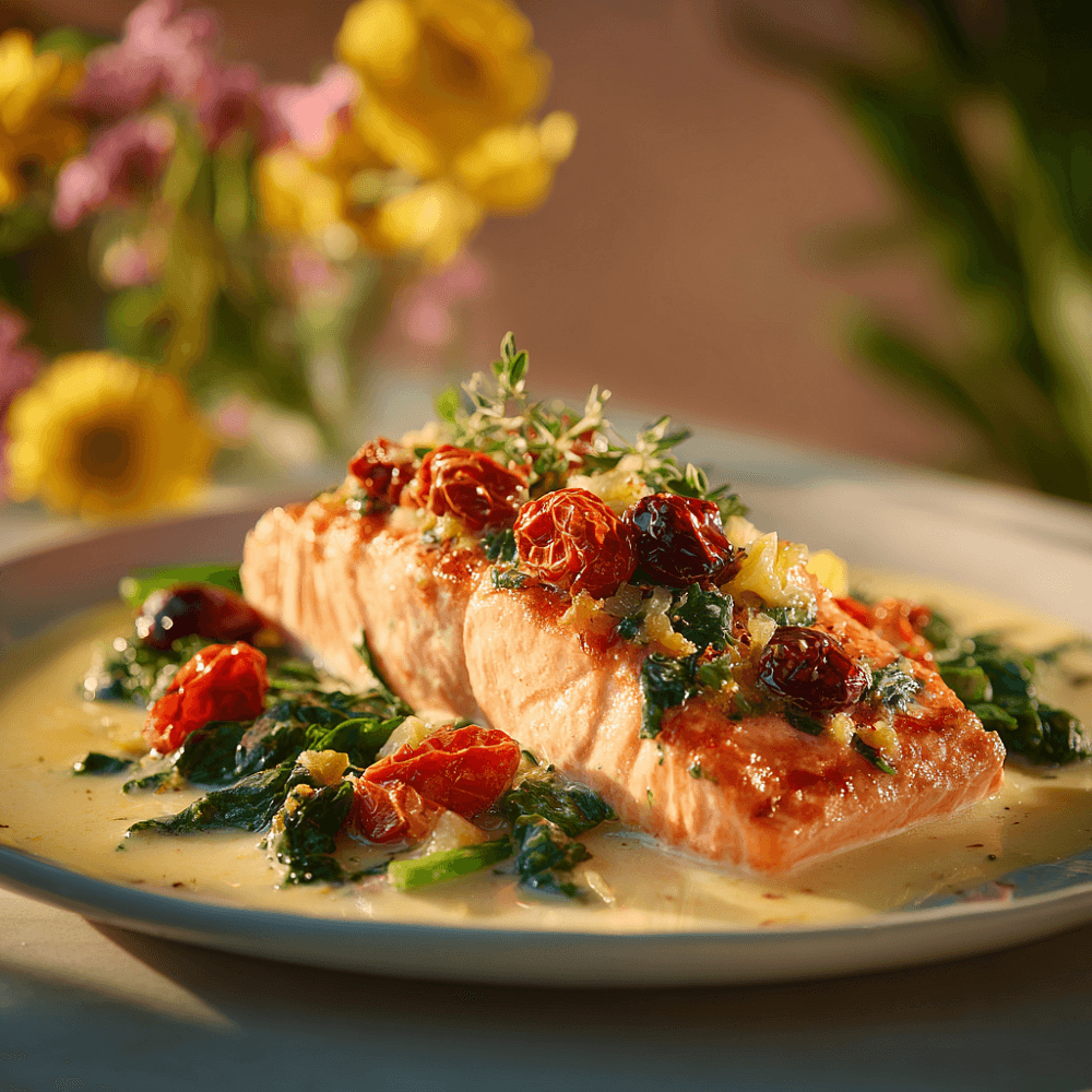 Филе горбуши в сливочном соусе с вялеными томатами