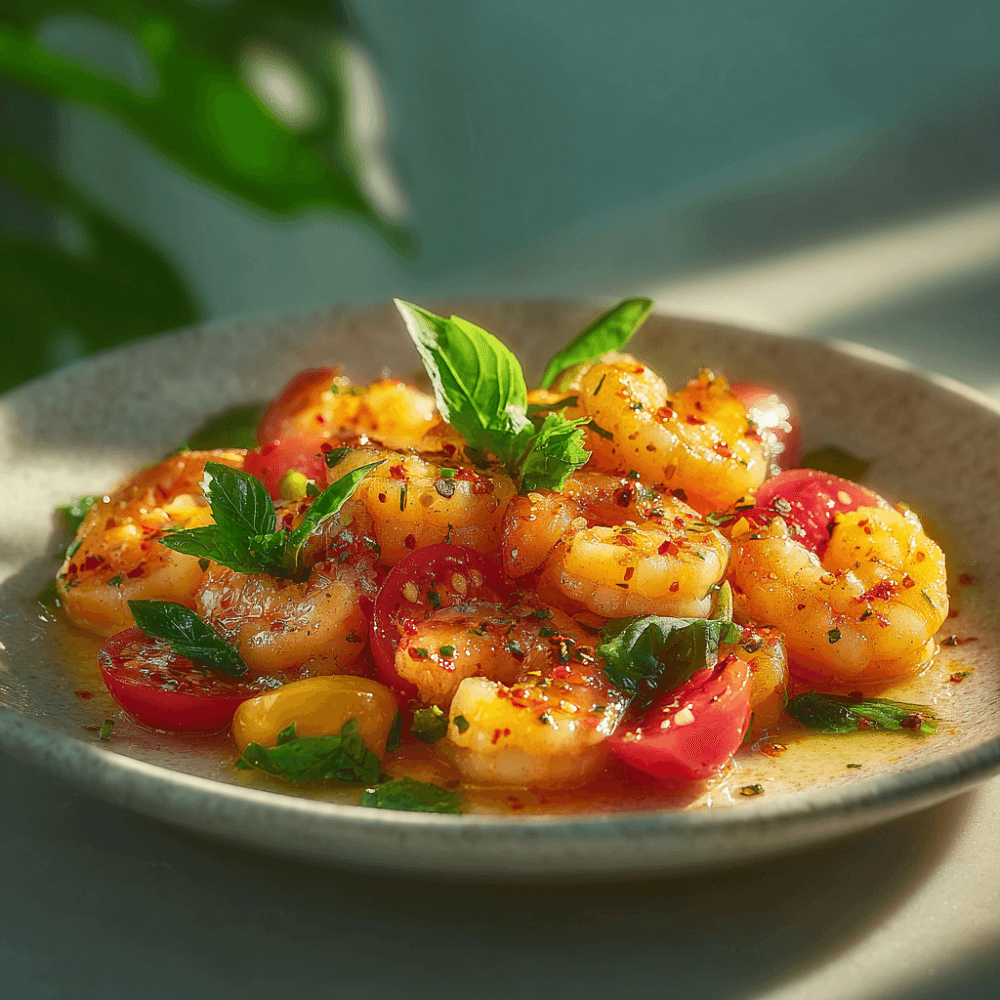 Креветки с помидорами и базиликом
