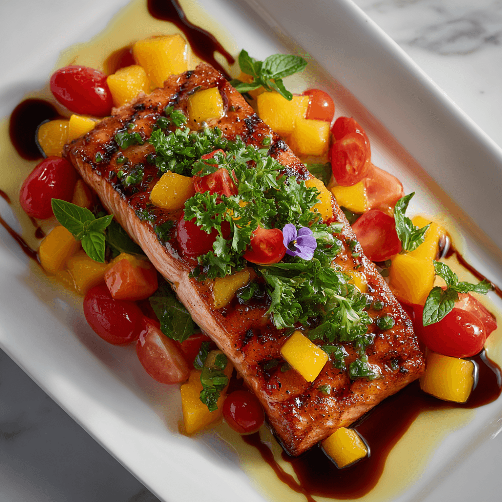 Филе кеты с ярким гарниром из овощей и фруктов