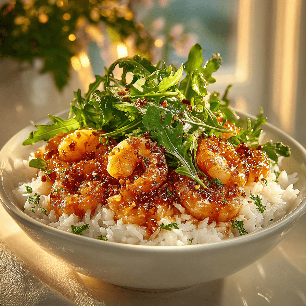 Сладкий рис с чесноком, креветками и рукколой