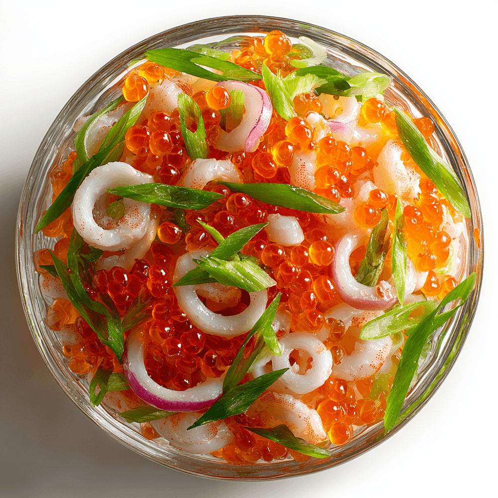 Салат с кальмаром, креветкой и красной икрой