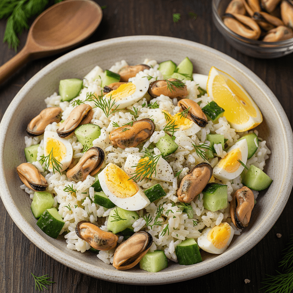 Салат из свежих мидий с рисом