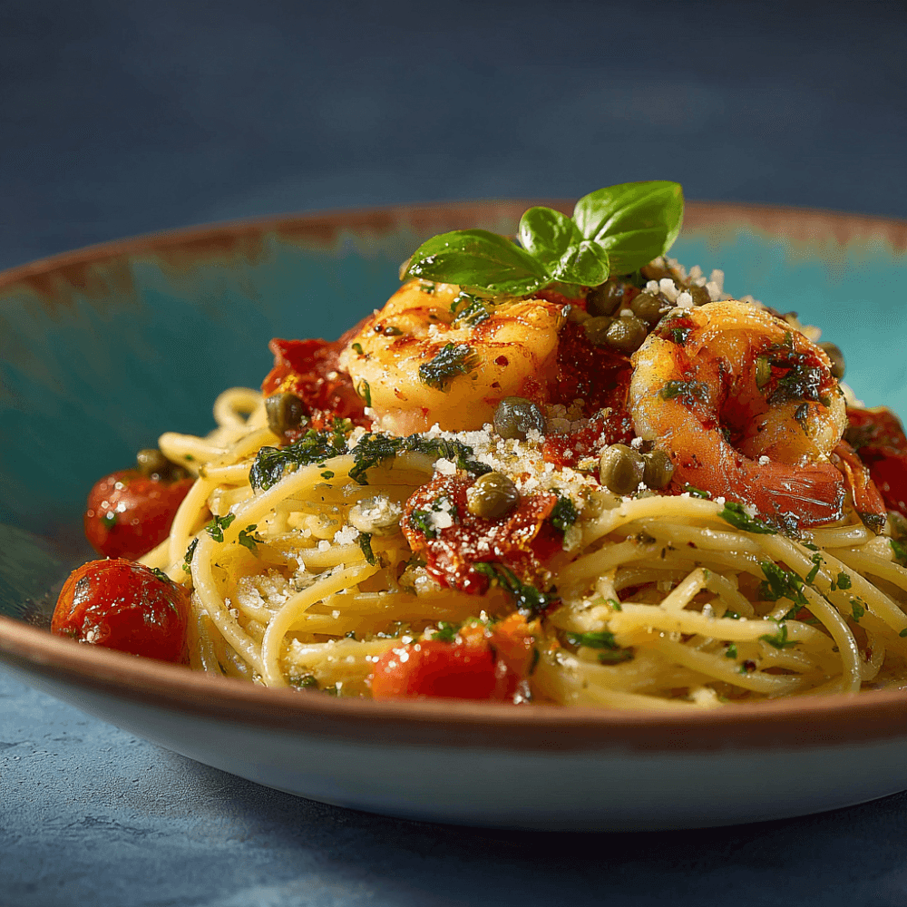 Паста с креветками, базиликом и свежими помидорами