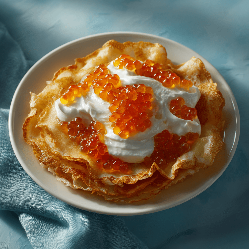 Блины с красной икрой и сметаной