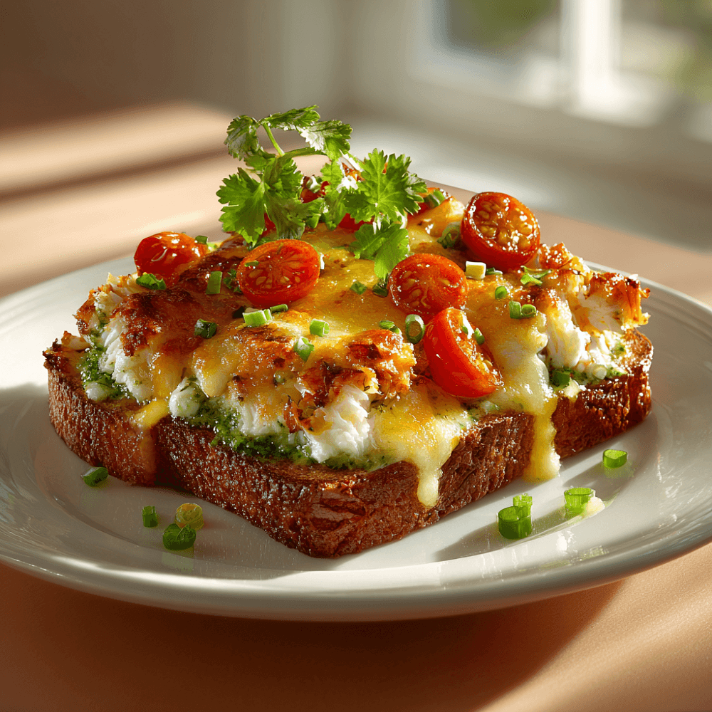 Горячий сэндвич с мясом краба, сулугуни и соусом песто