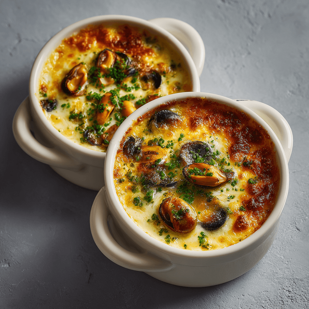 Жюльен с мидиями и креветками