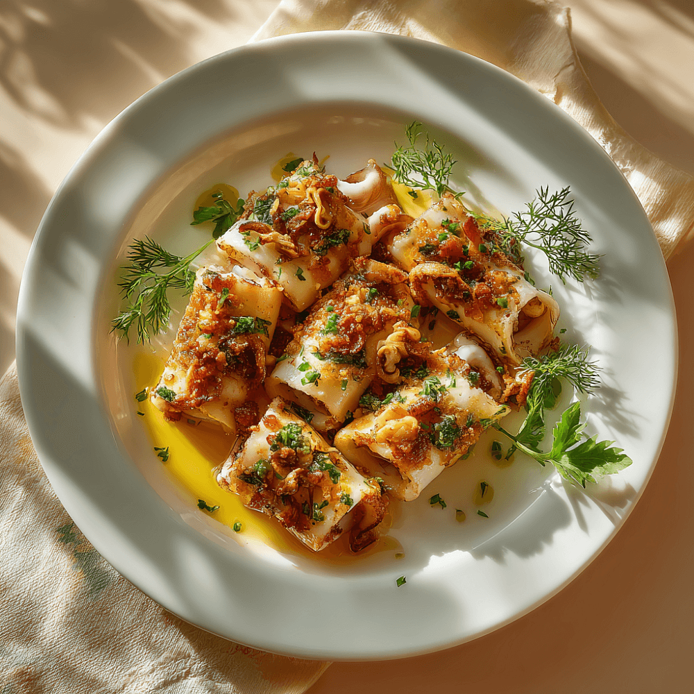 Фаршированные кальмары с лисичками и пармезаном