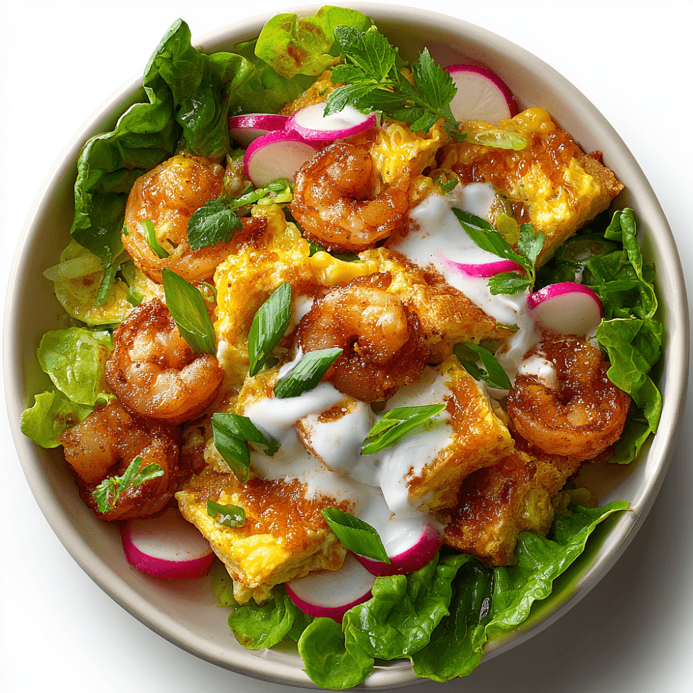 Салат с креветками и сырным омлетом