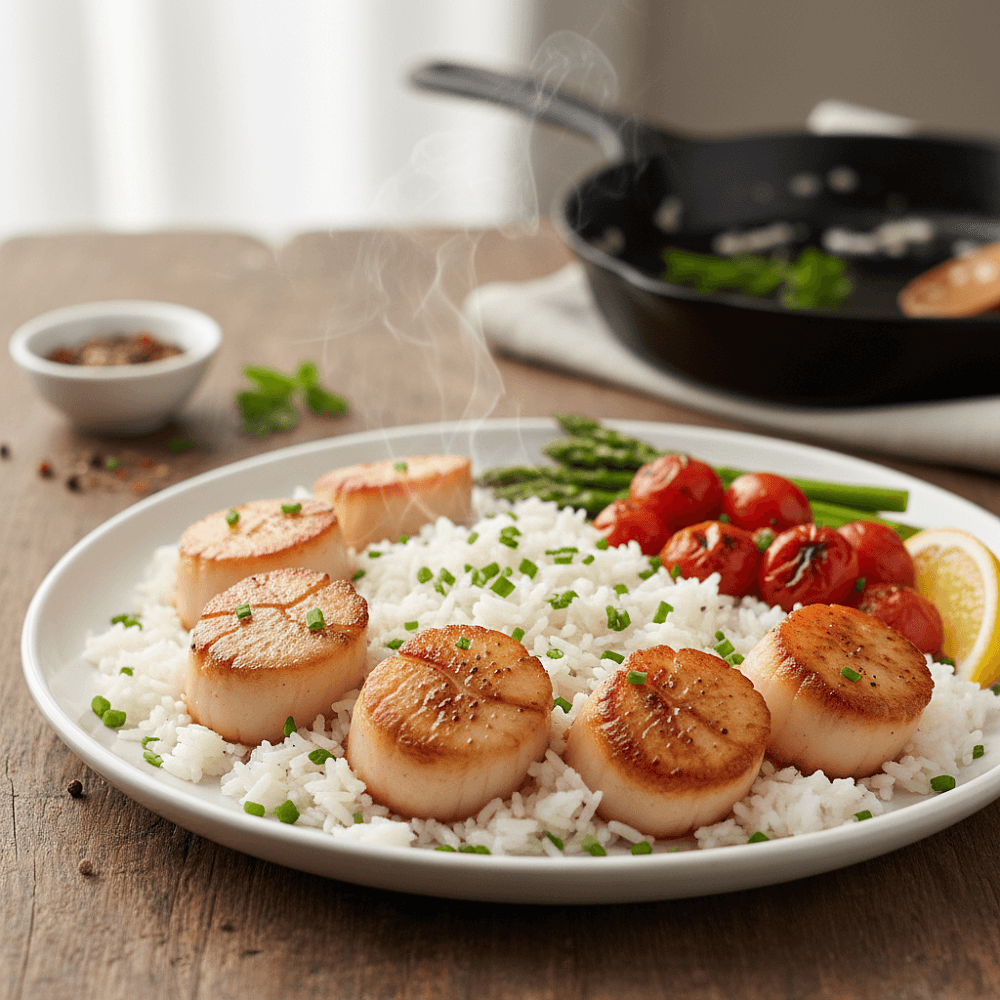 Жареные морские гребешки с гарниром из риса