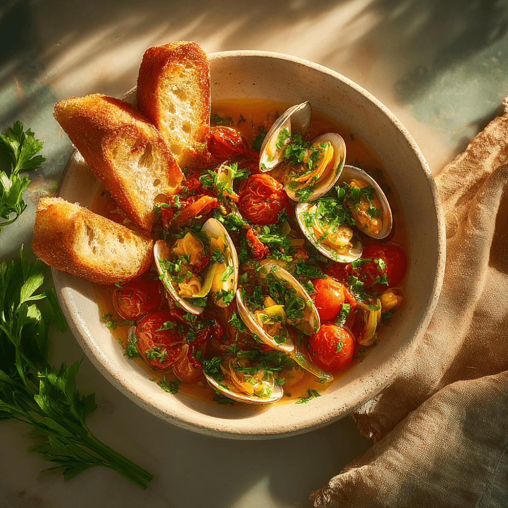 Вонголе в раковинах с томатами