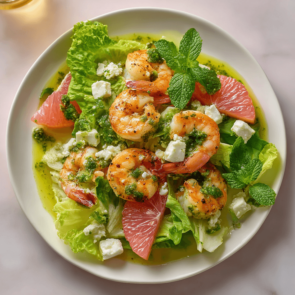 Салат с креветками, грейпфрутом и мятной заправкой