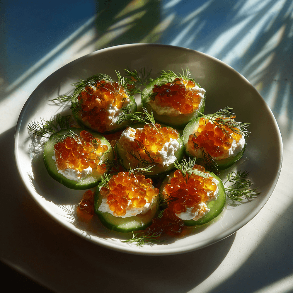 Мини-канапе с красной икрой и свежим огурцом