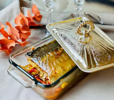 Осетр, запечённый с овощами